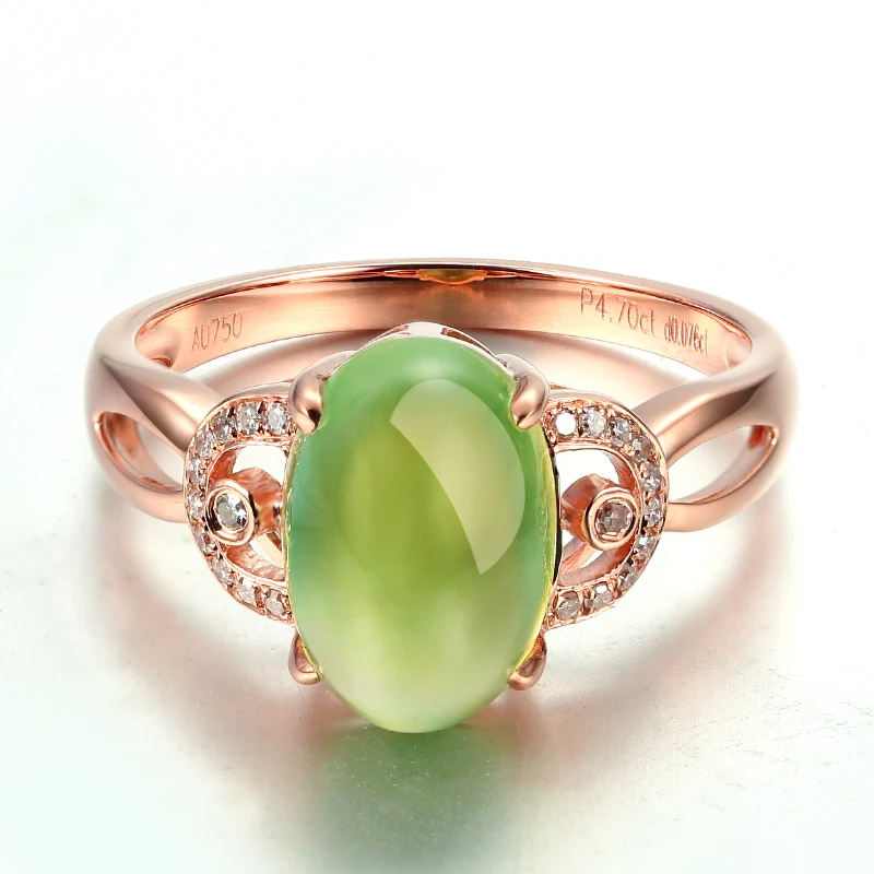 Natural Green prehnite 8*10mm Oval Shape 9k Rose Gold Ring set with Moissanite Accents Top quality Fine women's jewelry | Украшения и
