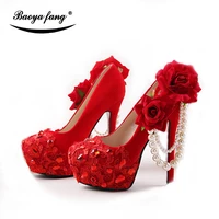 new arrival red color flock women wedding shoes bride 8cm11cm14cm high heels platform shoes bridal big flower shoe red sole