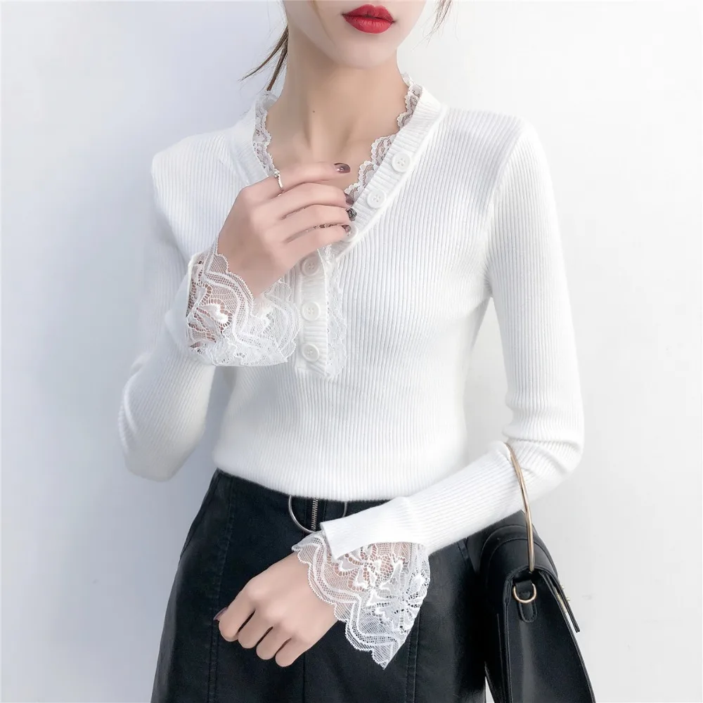 2019 Autumn Winter V-neck Knitted Pullover Sweater Lace Stitch Trumpet Sleeve Sweaters Plus Size Women Jumper Pull Femme R311 | Женская