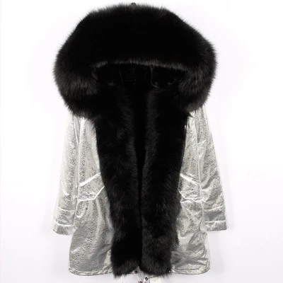 OFTBUY, пальто с натуральным мехом, зимняя куртка, Женская длинная парка, Воротник из натурального Лисьего меха, капюшон, подкладка из искусственного меха, Свободное пальто, ins, модная новинка - Цвет: PU coat black fur