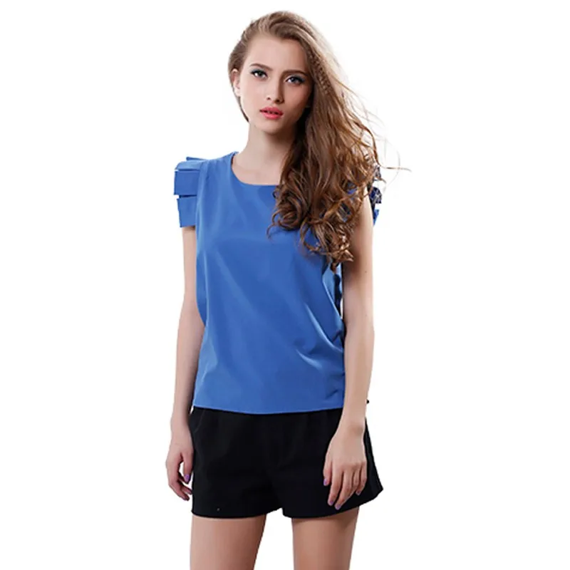 

Fashion Women Summer Blouse O-Neck Butterfly Sleeve Solid Shirt Elegant Leisure Chiffon Blouses