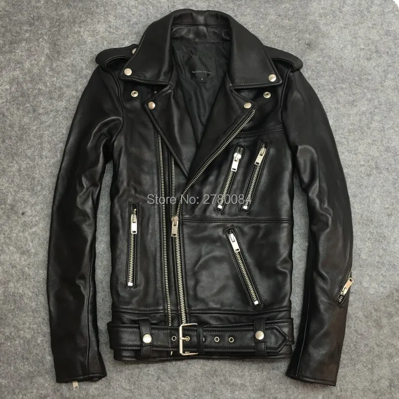 Мужская короткая куртка из натуральной кожи жакет овечьей с поясом