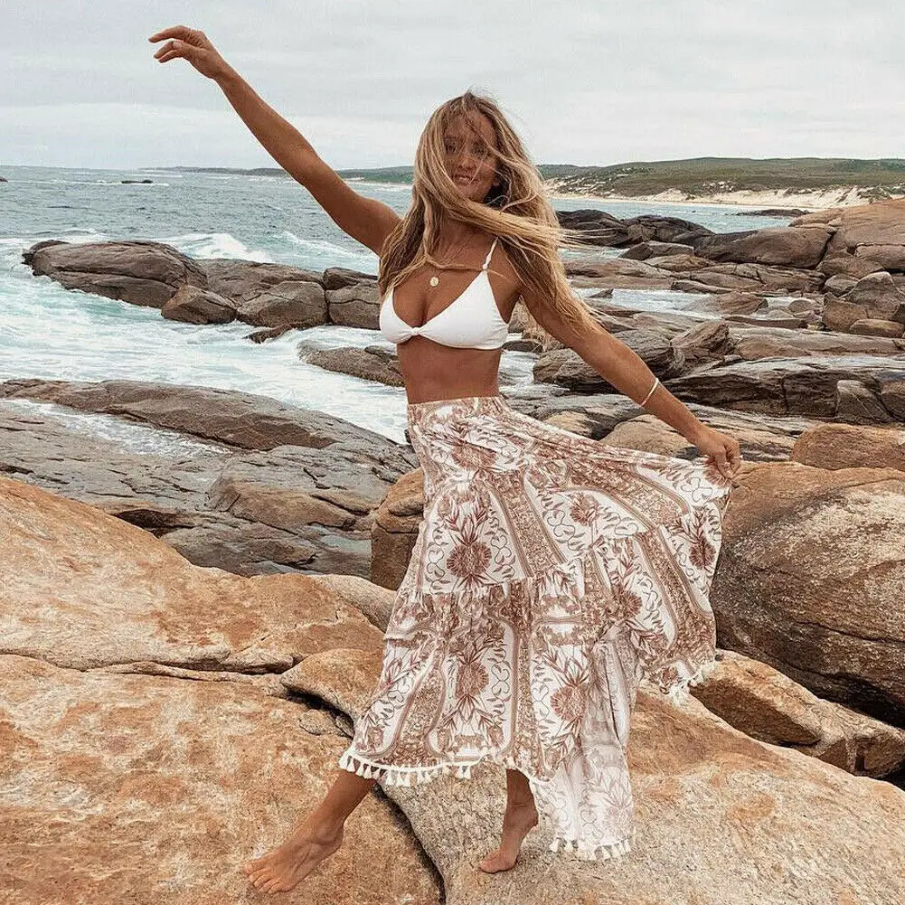 Летняя мода Высокая талия Макси юбки плиссированная пляжная шифоновая длинная