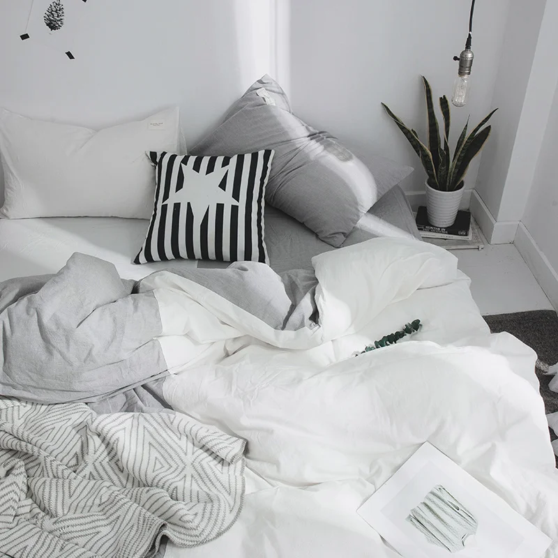 Серо-белая однотонная с приметанными оборками пододеяльник из 100% хлопка