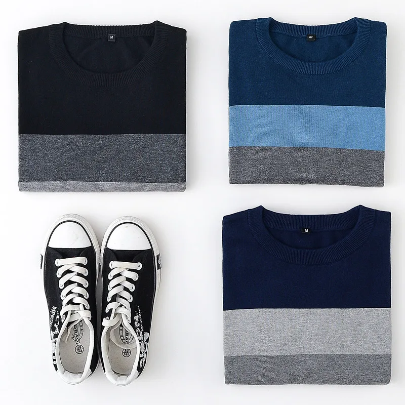 Мужской Повседневный свитер в полоску облегающий трикотажный пуловер с круглым