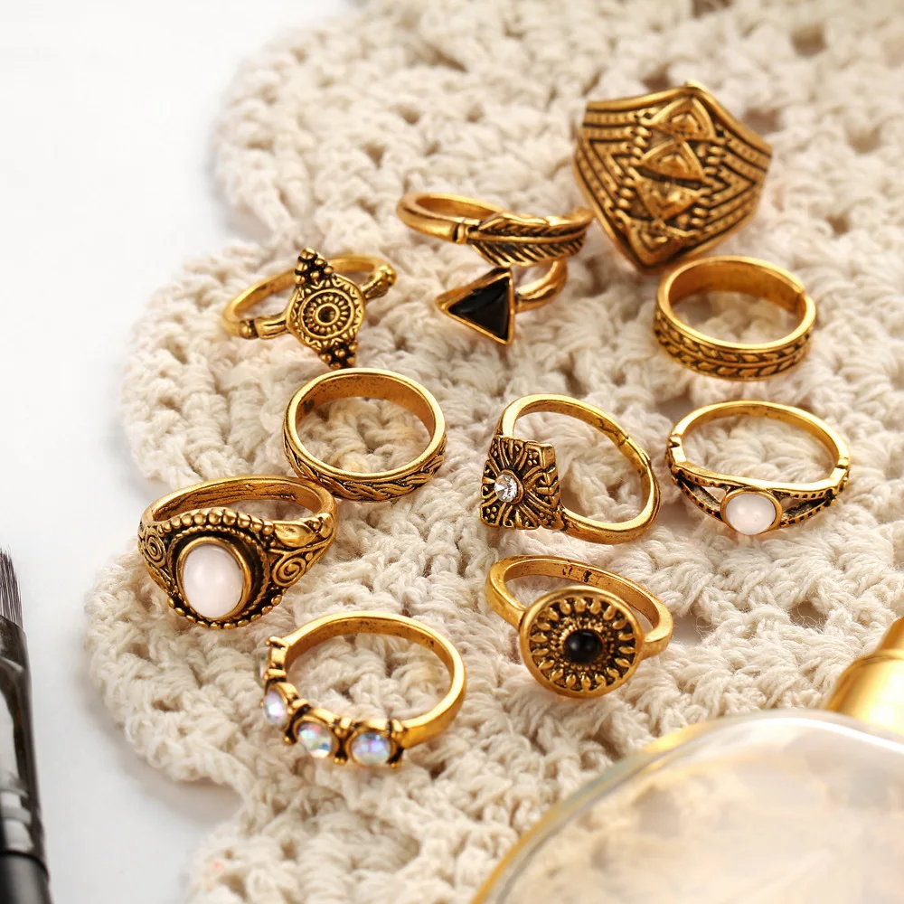 10 шт. Boho Тарельчатая Набор Винтаж палец кольцо набор с листа антикварные