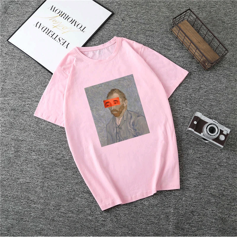 2419-Pink Летняя Новинка, Винтажная футболка в стиле Харадзюку Ван Гог Ван гогинг Ван ГОНЕ меме, забавная Эстетическая футболка, модные женские топы с милым принтом - Цвет: 2419-Pink