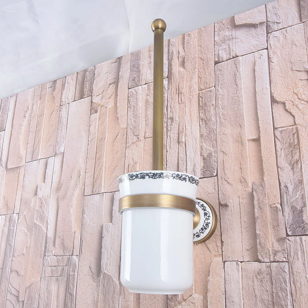 

Wall Mounted Vintage Retro Antique Brass Bathroom Toilet Brush Holder Set Bathroom Accessory Single Ceramic Cup mba785