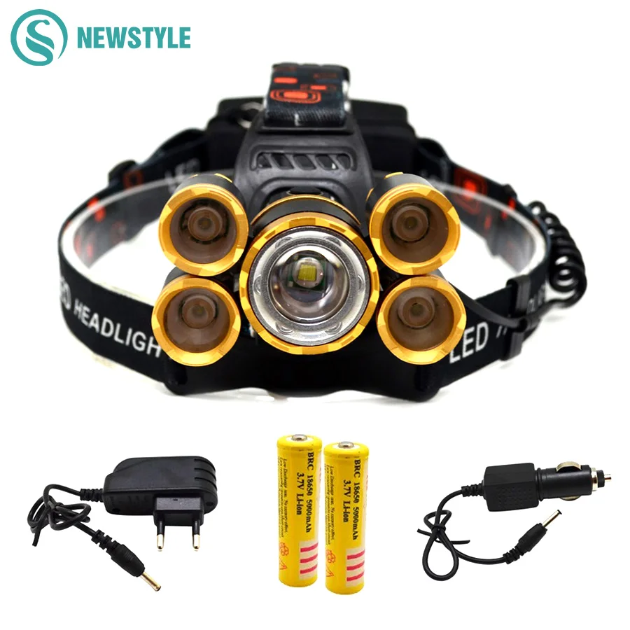 T6+XPE LED Headlight 16000lm Zoomable Head Lamp 5leds Headlamp Light Tube Torch Flashlight+Car Charger+18650 Batteries | Лампы и