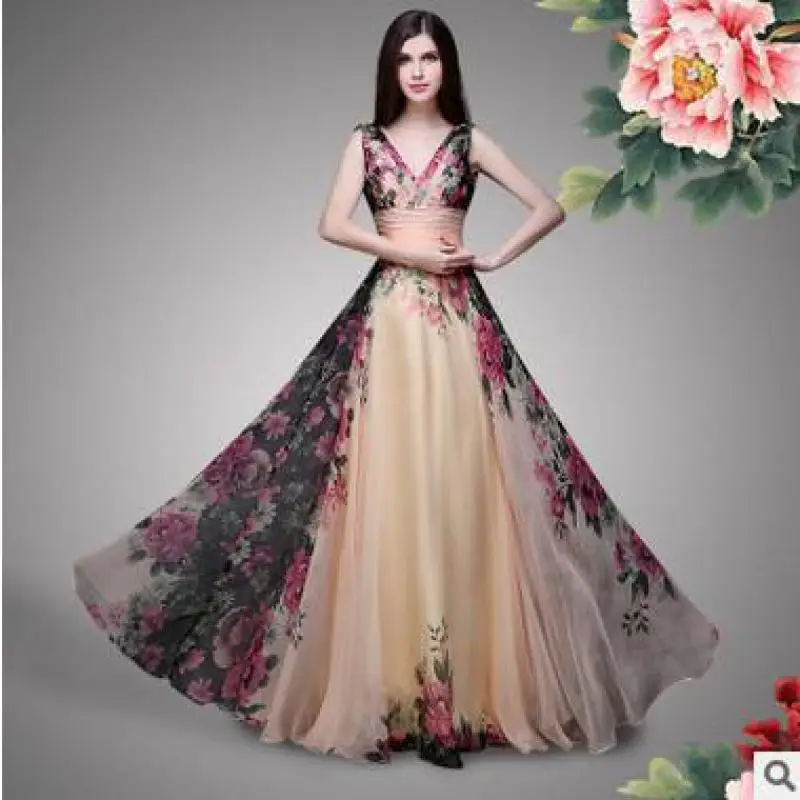 2023 Summer Top Selling Floor-length Elegant Temperament Floral Vintage Sleeveless Maxi Dress V Neck Dress Chiffon Free Shipping