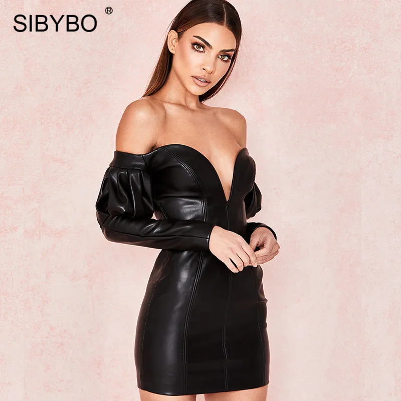 SIBYBO сексуальное мини-платье без бретелек из искусственной кожи, модное осеннее платье с открытыми плечами и длинным рукавом, женские черные вечерние Клубные платья с открытой спиной