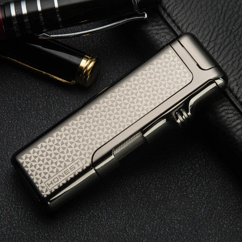 Black Честная Высококачественная Зажигалка тонкая и Легкая металлическая надувная Бутановая Зажигалка Jet Torch синяя зажигалка с подарочной коробкой - Color: Black