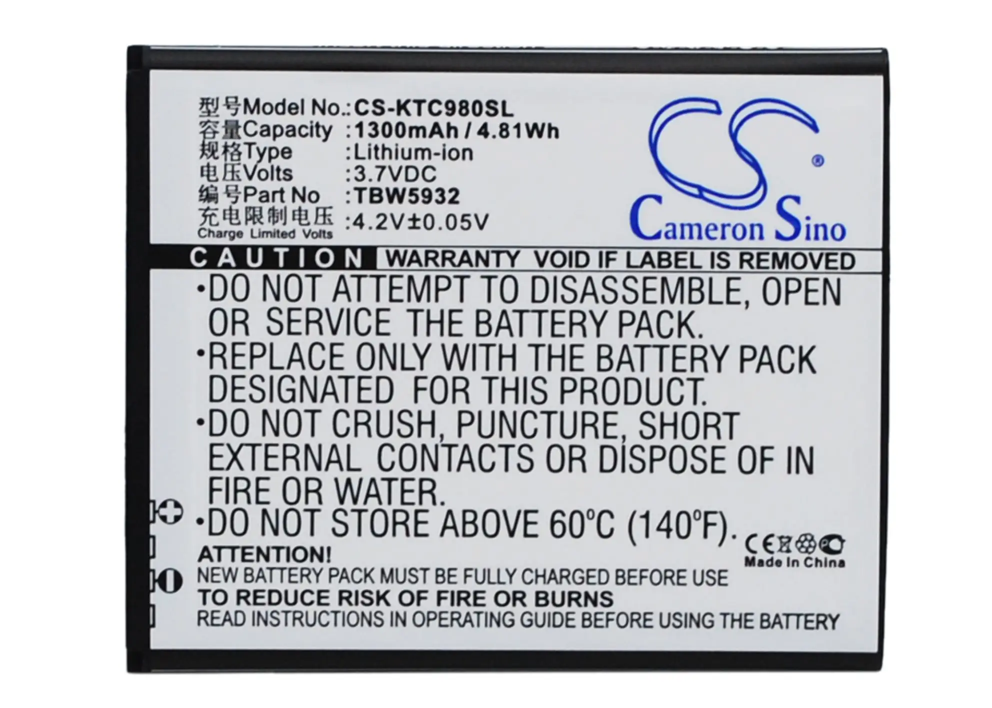 Аккумулятор Cameron Sino 1300mAh BL5203 для Fly IQ442 Quad Miracle 2 TBW5932 K Touch C980 C980T C988t T789|Аккумуляторы