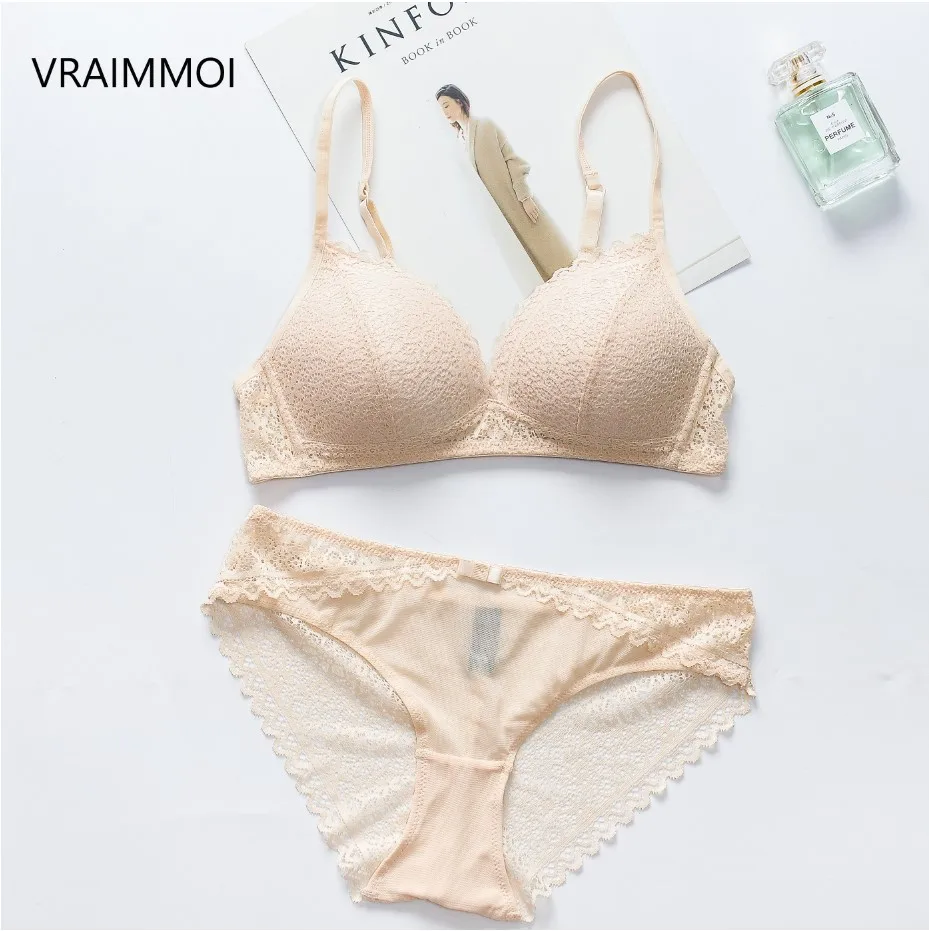 BEIGE VRAIMMOI, новинка, бюстгальтер пуш-ап и трусики, набор, бесшовный, бюстгальтер, женское, без проволоки, шелковое нижнее белье, черный/белый, комплект нижнего белья, брендовый Топ, сексуальный - Цвет: BEIGE