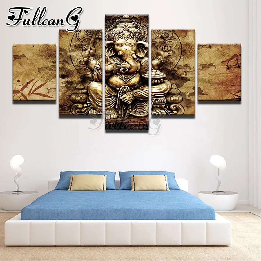 

FULLCANG diy diamond mosaic elephant trunk god 5 piece diamond painting full drill square/round rhinestone embroidery FC1559