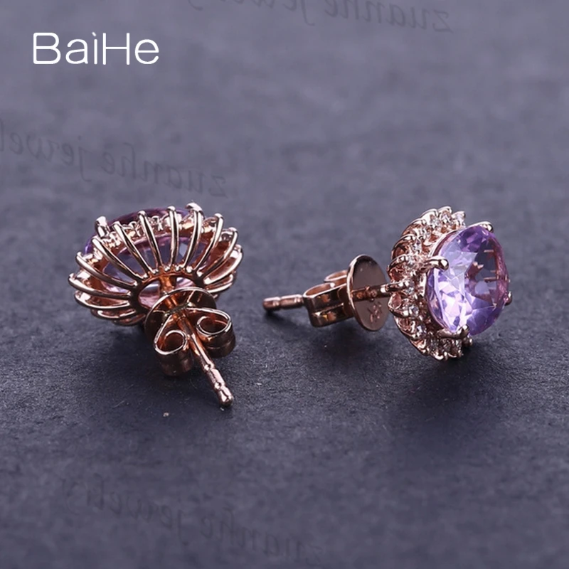 

BAIHE 5x7mm Oval Cut Natural Amethyst Women Diamonds Wedding Solid 14k Rose Gold Fine Jewelry Amethyst Stud Earrings for Women