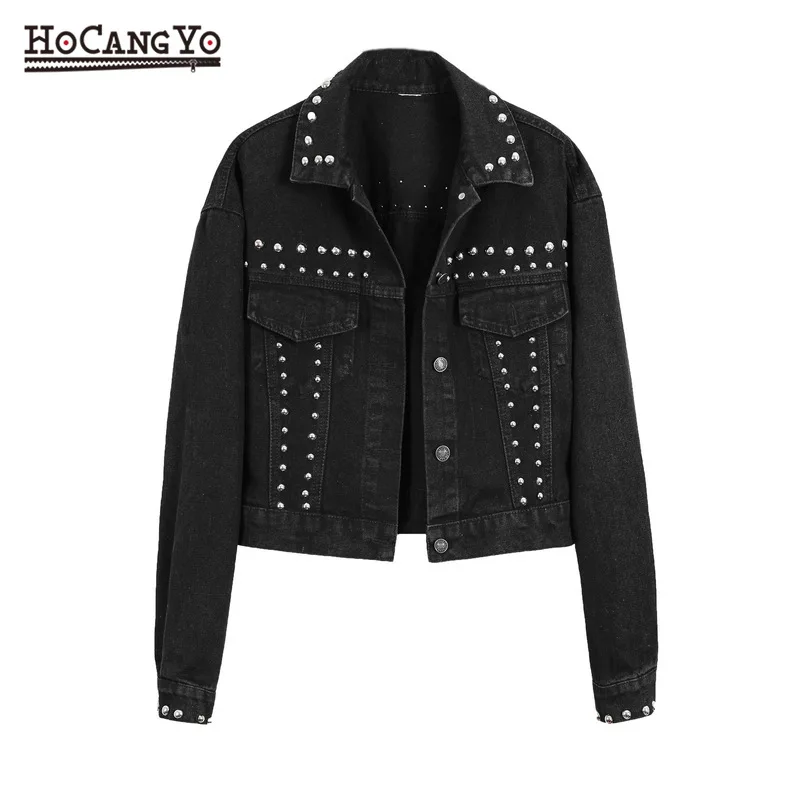 Женская короткая джинсовая куртка Повседневная укороченная черная с рукавами