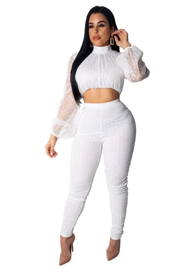 white two piece set Adogirl/Модный комплект из двух предметов в горошек из прозрачной сетки; топ с длинными рукавами и воротником-фонариком+ брюки-карандаш; повседневный костюм; Клубная одежда - Цвет: white two piece set