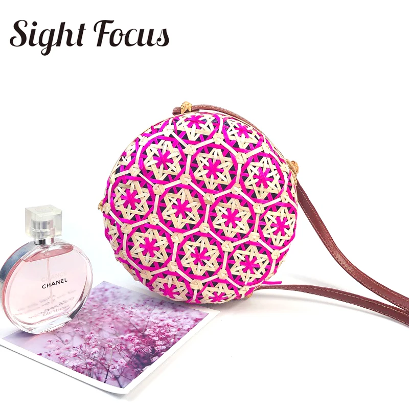 Круглая соломенная сумка из ротанга Sight Focus ручная работа Бамбуковая Боковая