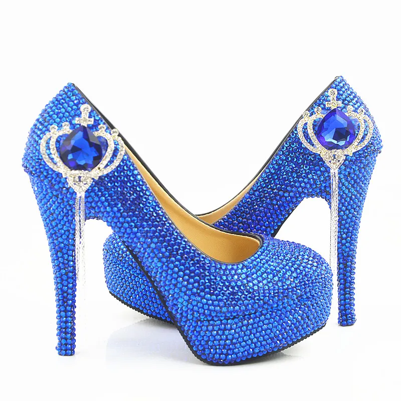 Женские вечерние туфли Золушки на высоком каблуке Элегантные Синие стразы