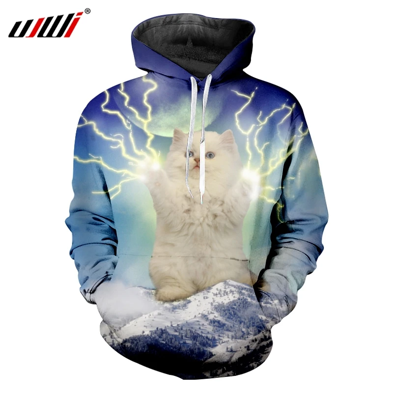 

UJWI Hoodies Man New Hooded Long Pullover 3D Printed Lovely Flash And Cats Casual Plus Size 5XL Garment Autumn Sweatshirts