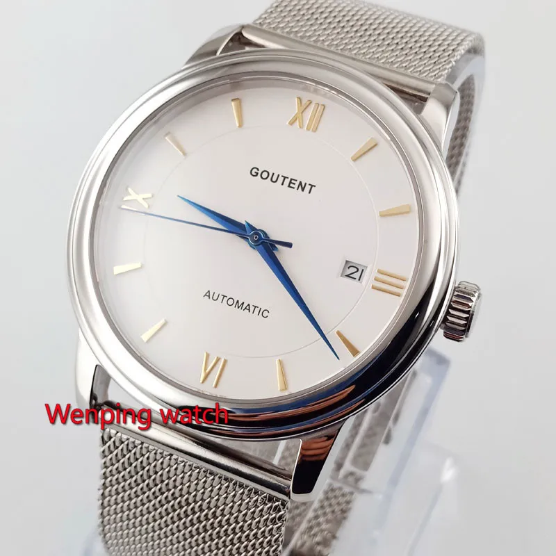 

40mm men watches Goutent White dial Automatic Self-Wind movement date blue hands Little watches Mechanical watches W2829