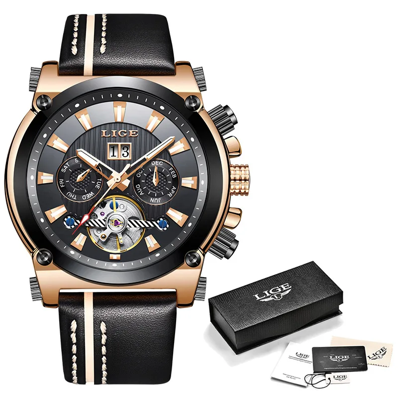 LIGE мужские часы Топ бренд класса люкс бизнес модные автоматические Tourbillon кожа