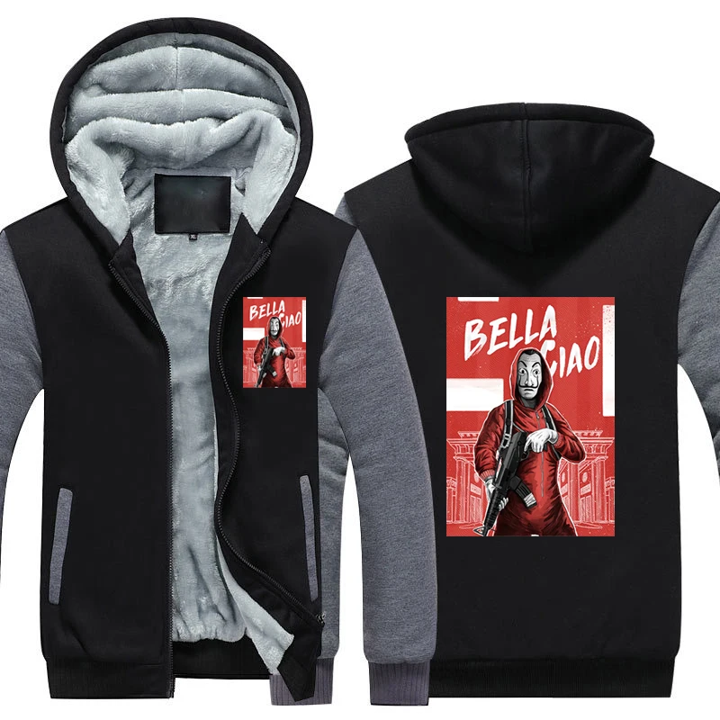 Black Grey3 La casa de papel Thicken Hoodie Coat Money Heist Warm Hoodie Dali Mask La casa de papel Fleece Winter Hoodie - Цвет: Black Grey3