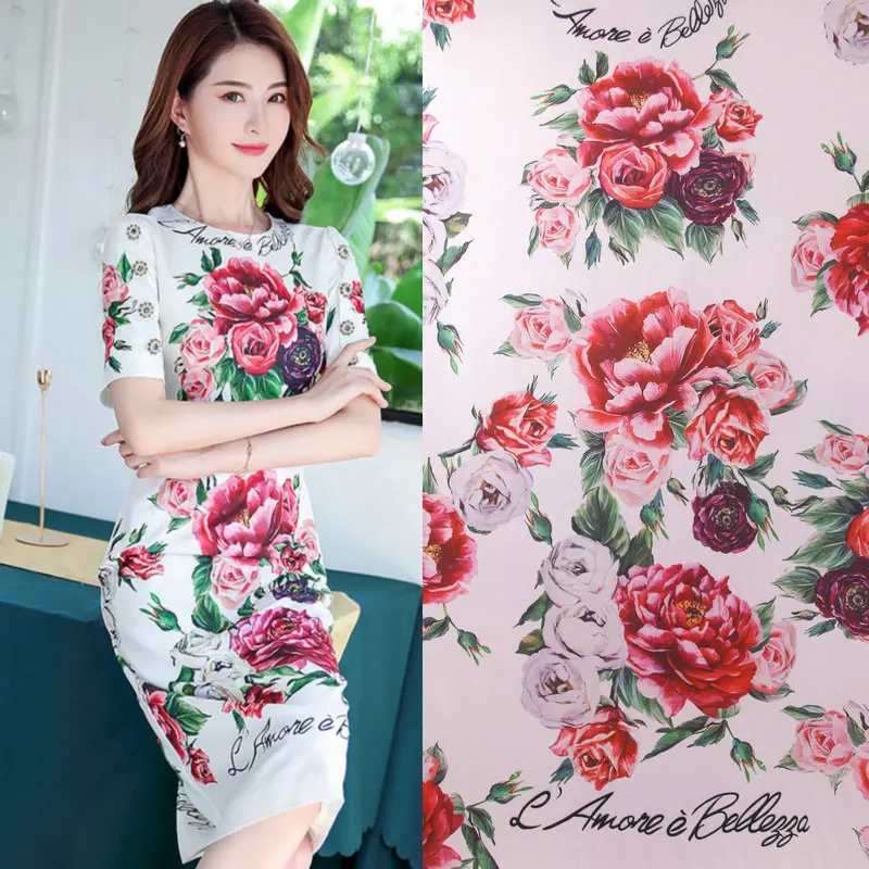 Саржа сатин саржа большой пион роза печати полиэстер стрейч атласная ткань для