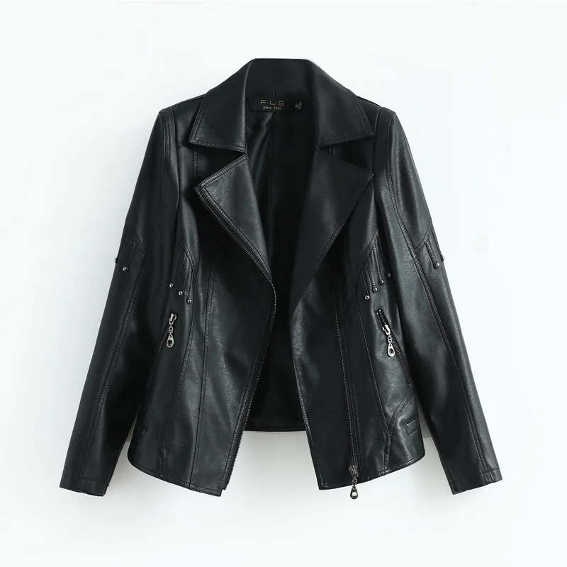 

Plus Size 5XL 2020 New Autumn Winter Women Faux Leather Jacket Fashion Slim Black Rivet Zippers Short Ladies PU Leather Jacket