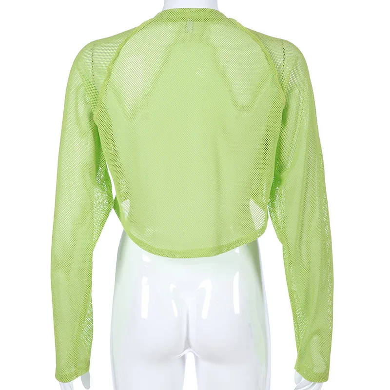 Женский укороченный топ с круглым вырезом прозрачный неоновый зеленый длинным