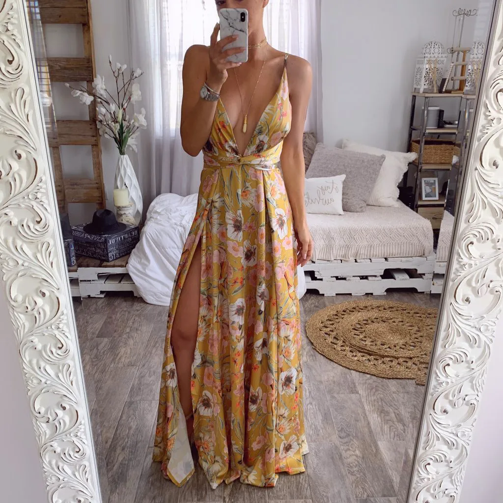 Плюс Размеры шифоновое сексуальное платье Для женщин Летнее Boho ремешками пикантные сексуальное нижнее белье с глубоким v-образным вырезом длинное вечерние Пляжные наряды Z4
