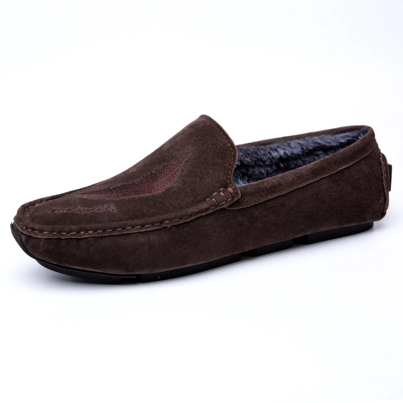 Wandai-8807-1-Brown Мужские лоферы; плюшевая зимняя обувь для вечеринок; мокасины; теплая кожаная обувь; мужская обувь на плоской подошве; Gommino; обувь для вождения; обувь без застежки; Цвет Черный - Цвет: Wandai-8807-1-Brown