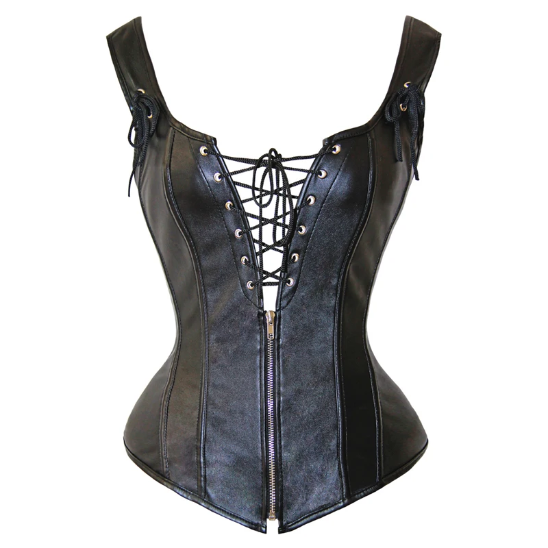 Черный кожаный корсет на шнуровке в стиле стимпанк молнии больших размеров