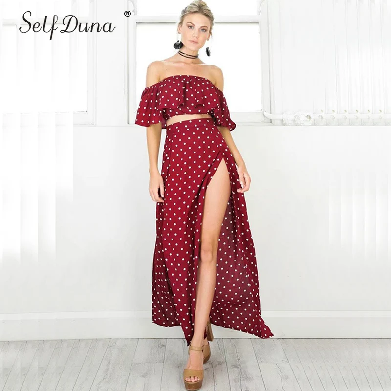 Self Duna/2018 летний комплект: укороченный топ и юбка красный с оборками открытыми