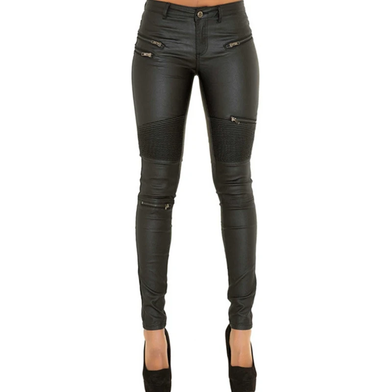 2018 Autumn/Winter Black Sexy Women Pu Leather Pants Zipper Stretch Bodycon Pleated Patchwork Punk Rock Pencil Long | Женская одежда