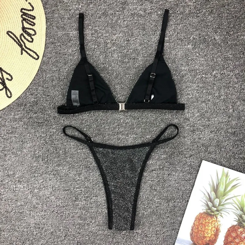 Лидер продаж бикини 2019 черное микро с блестками пуш ап стринги Раздельный