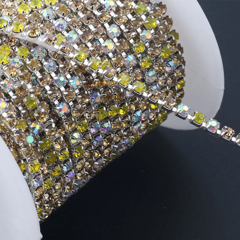 

10yards /lot Silver base Mix yellow Color SS6 ss8 ss10 ss12 Claw Strass style DIY beauty accessories sew on rhinestones chain