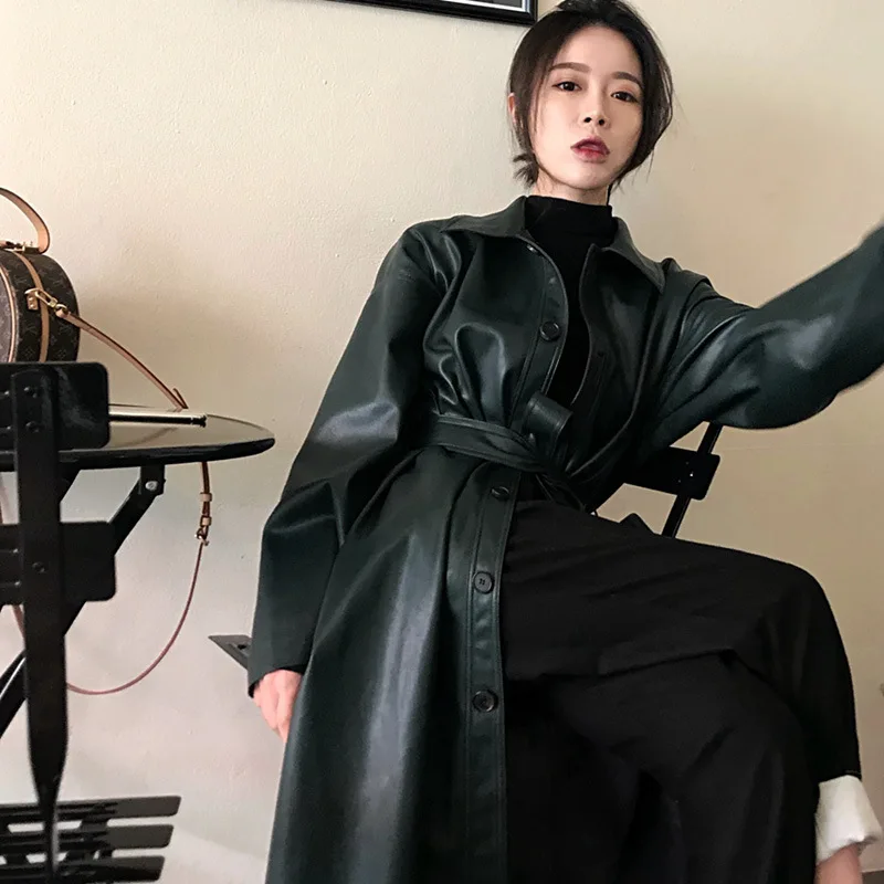 GBYXTY длинное пальто для женщин Весна из искусственной кожи однобортный Тренч Femme ремень Windreaker пальто abrigos largos ZA1439