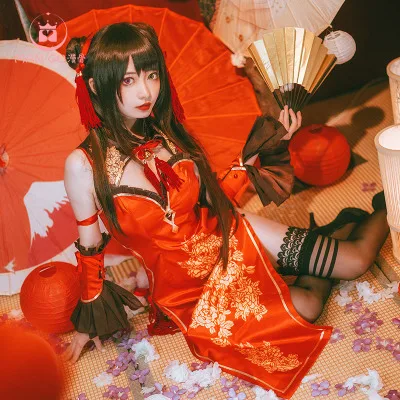 

High Quallity Japanese Anime DATE A LIVE Tokisaki Kurumi Cheongsam Woman Cosplay Costume Cheongsam + Sleeve + Scoks + Small Bell