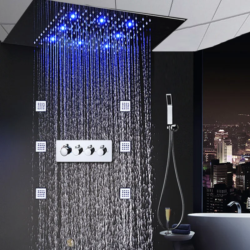 

Concealed Luxury Shower System Set LED Ceiling Bath Faucets Large Rainfall Massage Body Jets High Flow Mixer