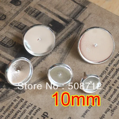 Free shipping!!! 500sets 10mm Silver Plated Metal Stud Earring Blanks Base Tray Bezel Cameo Setting Post Bullet Stopper Back