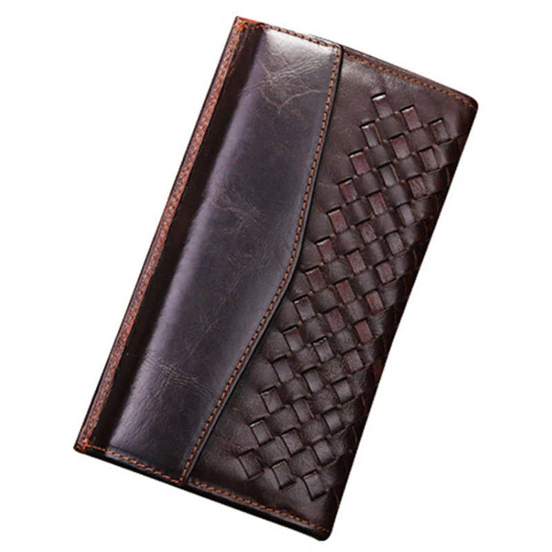 

Vintage Men Genuine Leather Wallet Famale Money Clip Men Purse Leather Men Wallet Knitted Long style Clutch Bag Male Money Bags