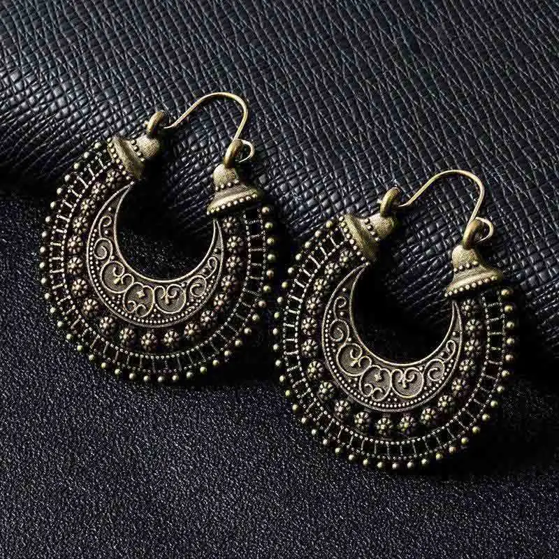 Antique Bronze Индийские племенные латунные серьги, висячие серьги в форме цветка, украшенные вихрем «цыганские» серьги для женщин, богемные Винтажные серьги EAR00C000B01B - Окраска металла: Antique Bronze