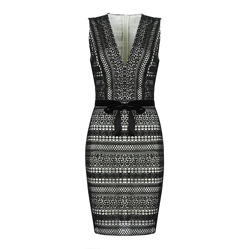 Sexy Women V-Neck Sleeveless Bodycon lace dress party bow on waist fashion Bandage stretch top quality drop shipping HL686 | Женская
