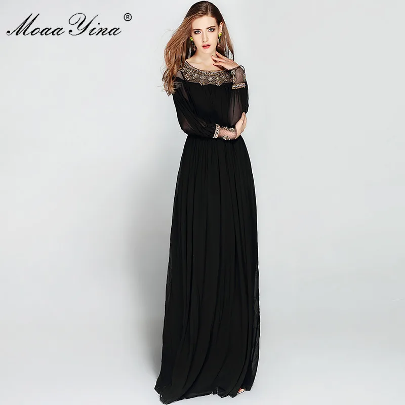 Newest Fashion Summer Baroque Designer Runway Dress Women's Long Sleeve Metal Beaded Rivet Pleated Dress elastic waist