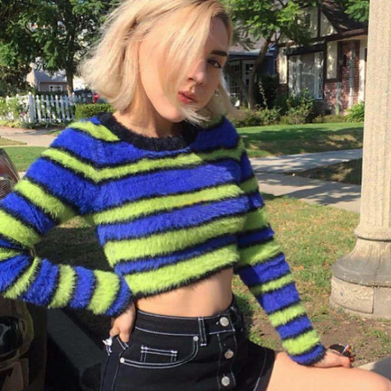 Street Fashion Vintage Furry Knitted Sweaters 2018 Autumn Winter Warm Striped Pullovers Female Long Sleeve Cropped Jumper Tops | Женская