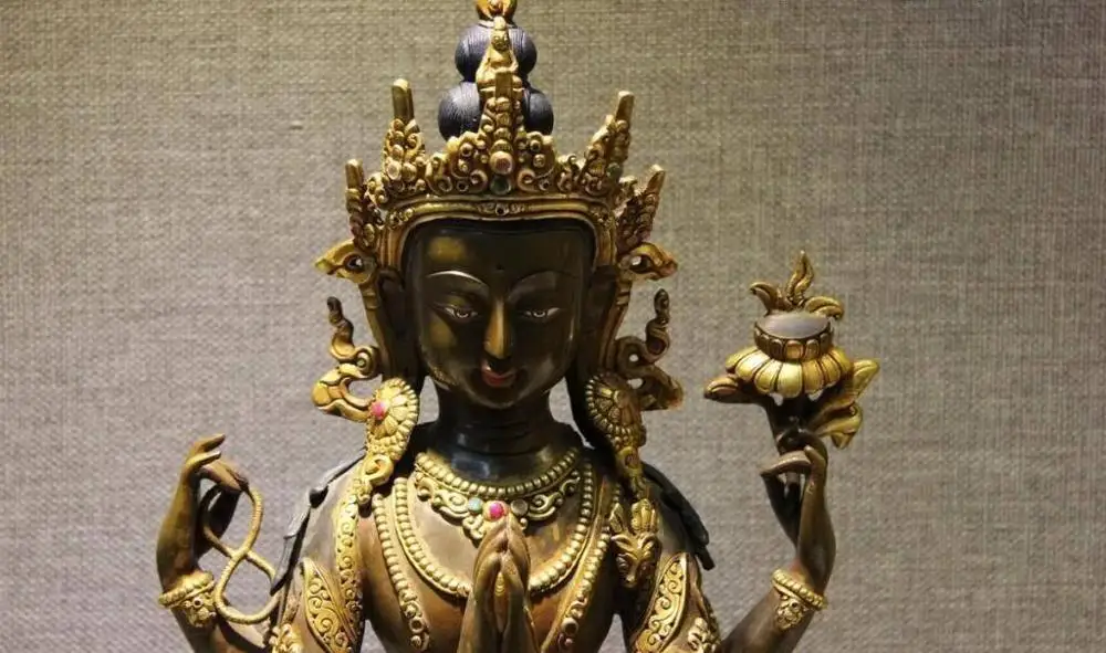 14 тибетская медная бронза 24K Золотая крышка четырехъядерный Avalokitesvara Guan Yin Buddha