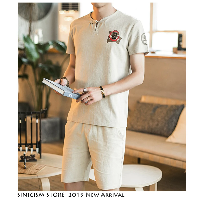 Sinicism Store Harajuku Fish спортивный костюм для мужчин летние мужские льняные шорты комплекты мужской уличной одежды в китайском стиле комплекты из 2 предметов