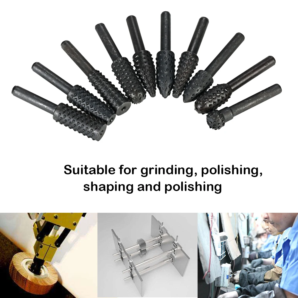 

10pcs Rotary Files Rasp Set 6mm Shank Carbon Steel Carbide Milling Cutter Tool Woodworking Carving Bits Grinding Accessories